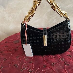 Arcadia NWT made in Italy black patent calf leather handbag w/ gold accents.